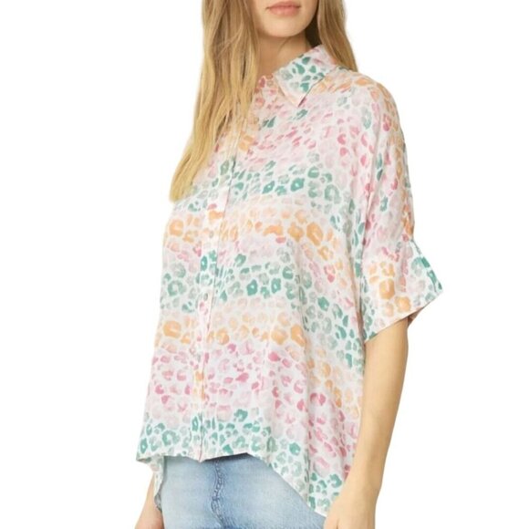 Entro NWOT Spotted Multi Button Top Colorful Leopard Print Oversized Lagonlook S - Picture 4 of 10